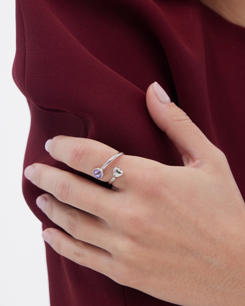 Anillo ajustable Muá corazón con cristal en plata baño rodio