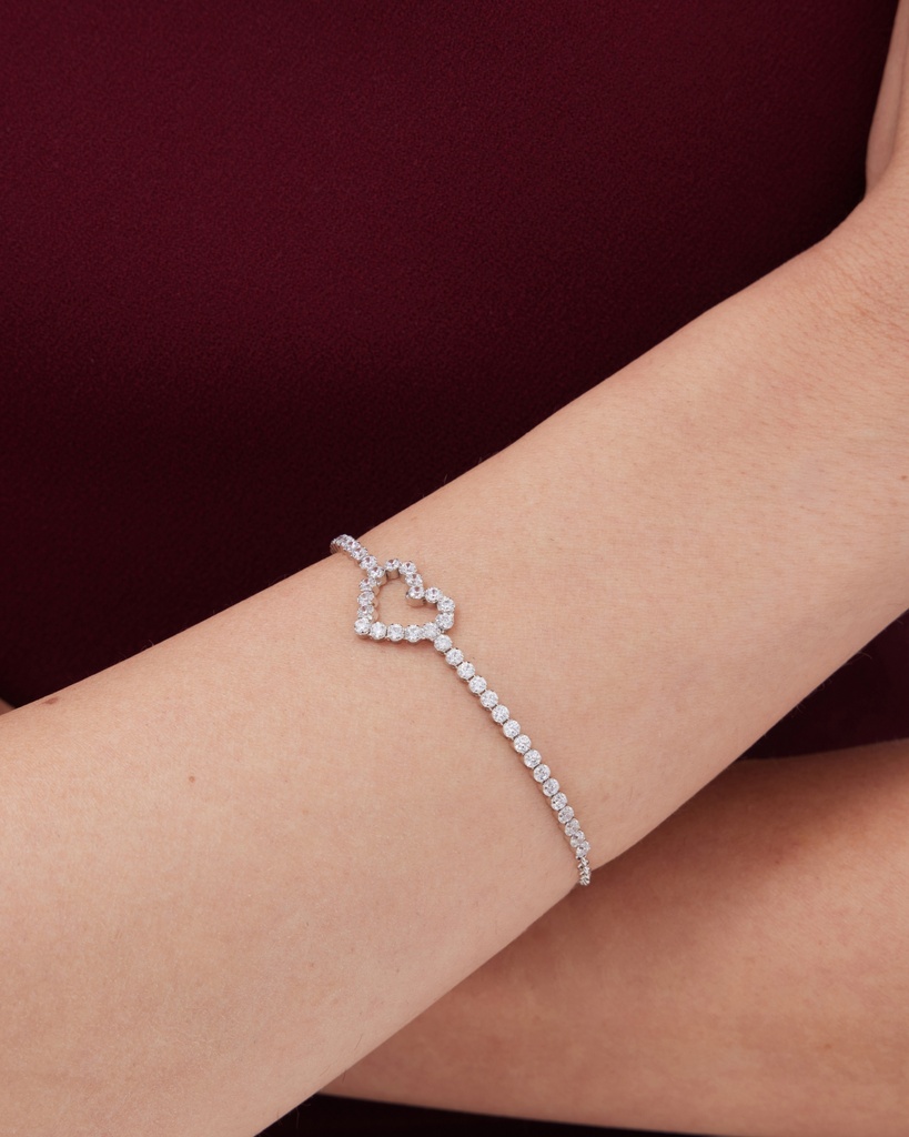 Pulsera Muá corazón con cristales riviere blanco en plata baño rodio