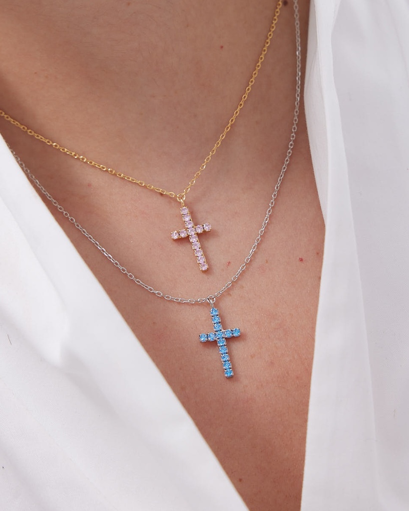 Collar corto Eau cruz con cristales riviere azul en Plata baño Rodio