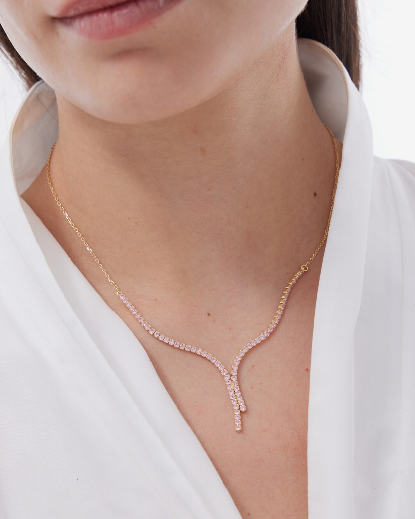 Collar largo Eau con cristales riviere rosa en Plata baño Oro