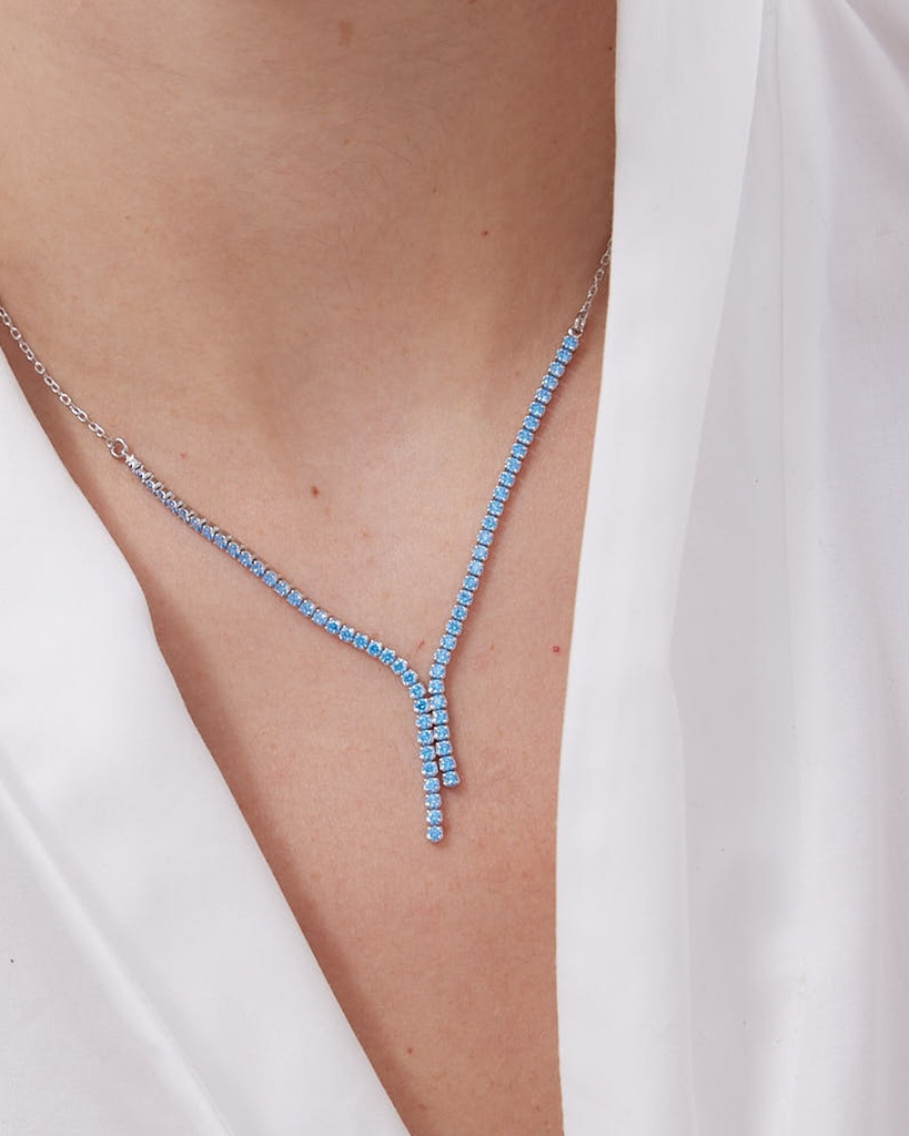 Collar largo Eau con cristales riviere azul en Plata baño Rodio