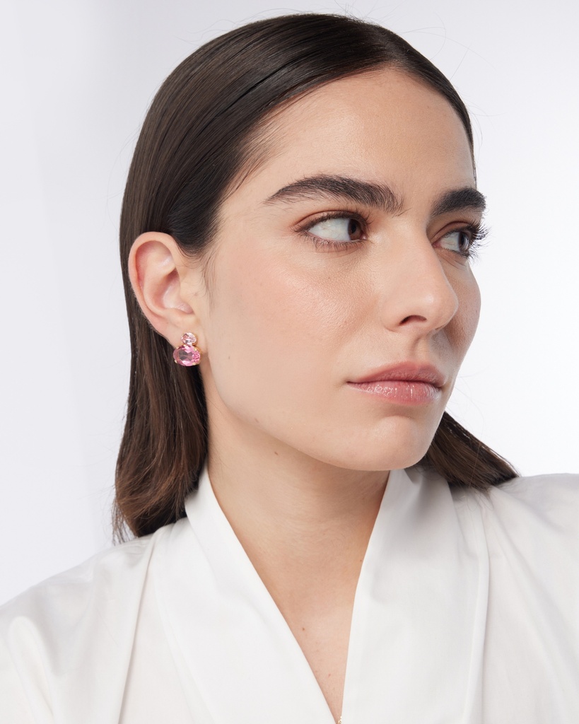 Pendientes botón Eau con cristal rosa en Plata baño Oro