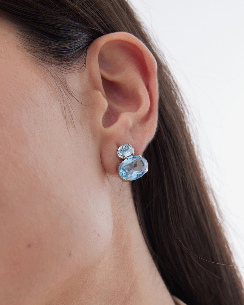 Pendientes botón Eau con cristal azul en Plata baño Rodio