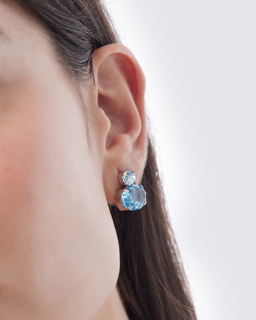 Pendientes botón Eau con cristal azul en Plata baño Rodio