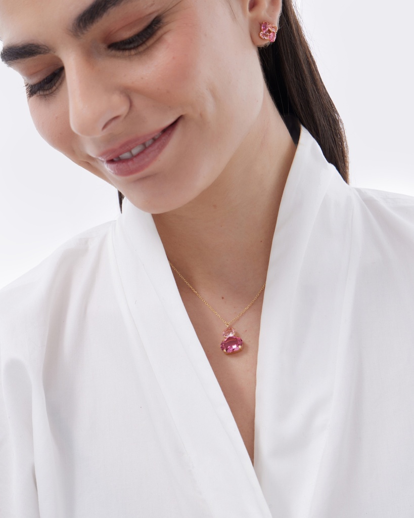 Collar corto Eau con cristal rosa en Plata baño Oro