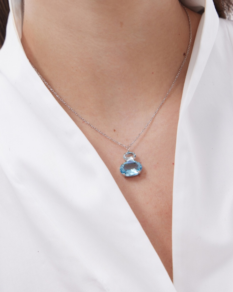 Collar corto Eau con cristal azul en Plata baño Rodio