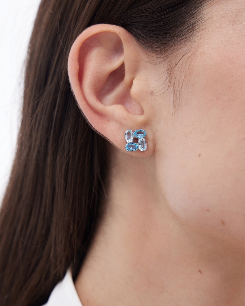 Pendientes cortos Eau con cristal azul en Plata baño Rodio
