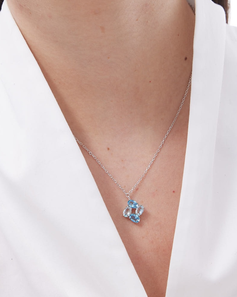 Collar corto Eau con cristal azul en Plata baño Rodio