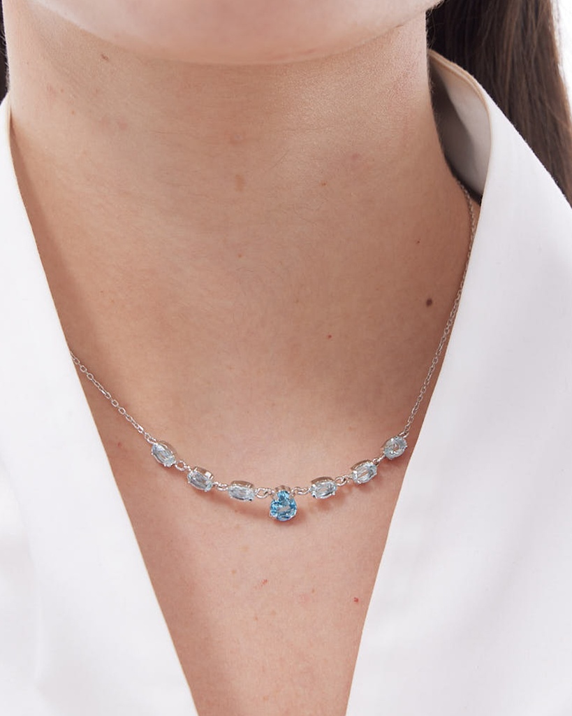 Collar corto Eau con cristal azul en Plata baño Rodio