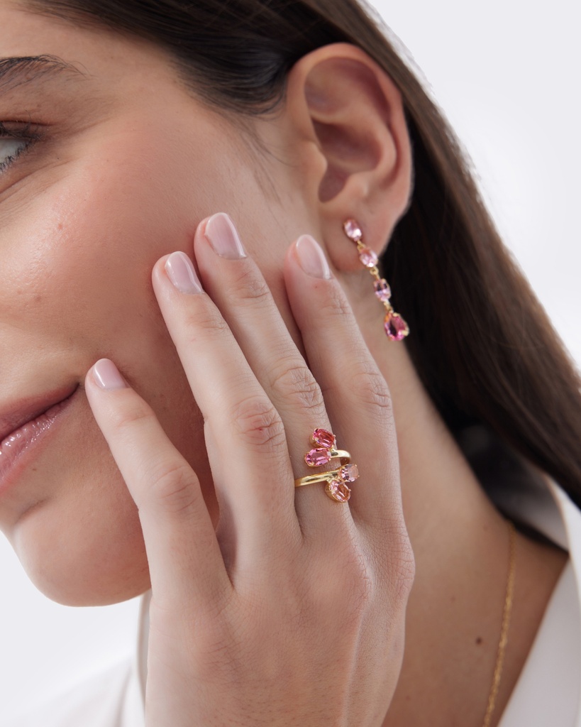 Anillo ajustable Eau con cristal rosa en Plata baño Oro