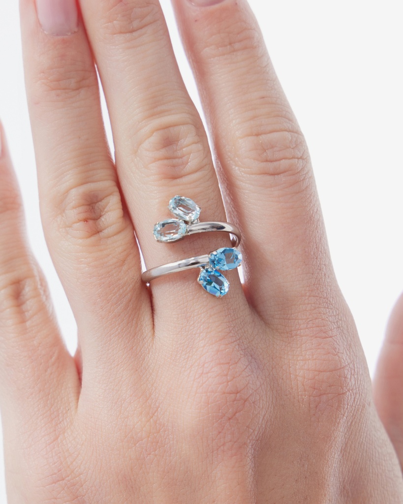 Anillo ajustable Eau con cristal azul en Plata baño Rodio