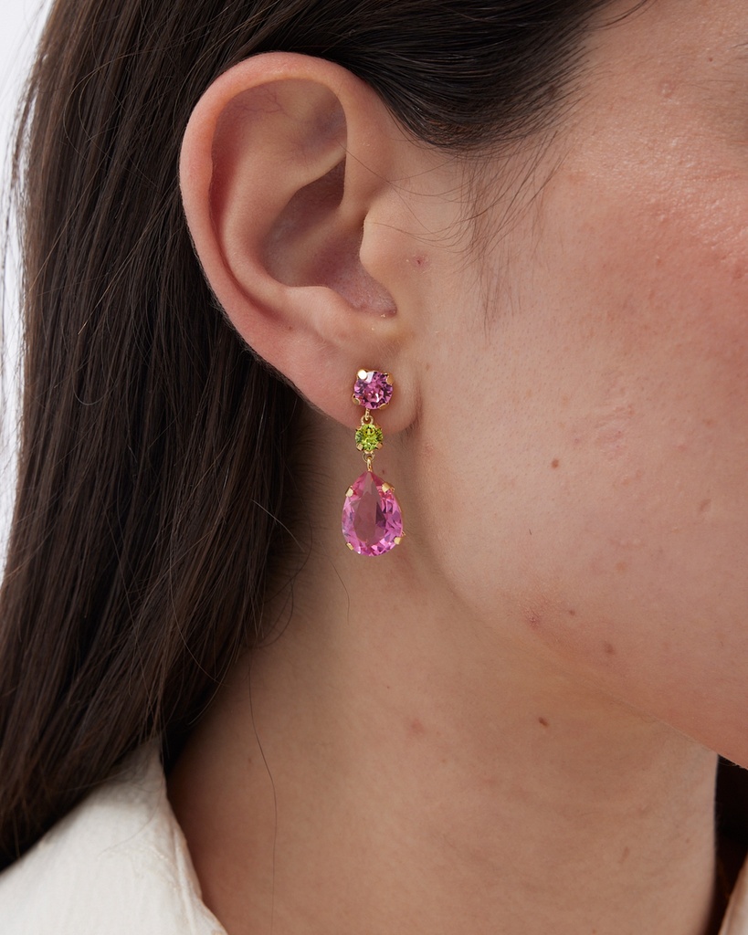 Pendientes largos Fleur lágrima con cristal en Plata baño Oro