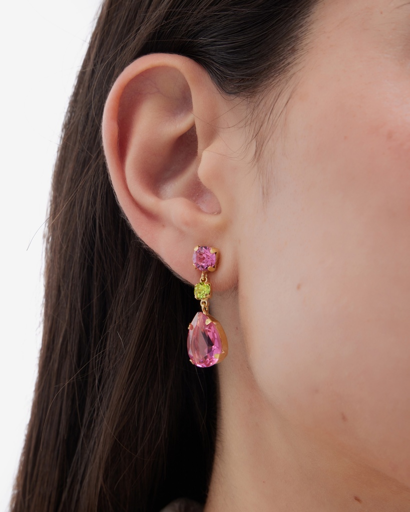 Pendientes largos Fleur lágrima con cristal en Plata baño Oro