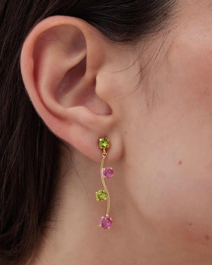 Pendientes largos Fleur árbol con cristal en Plata baño Oro