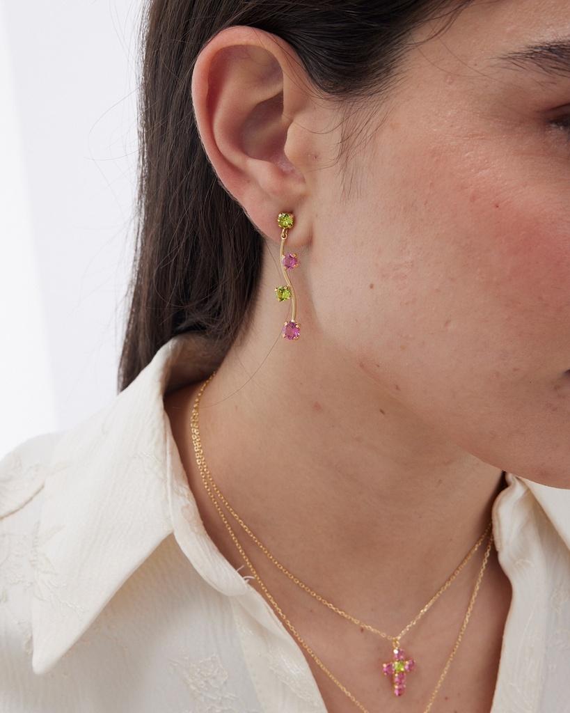 Pendientes largos Fleur árbol con cristal en Plata baño Oro