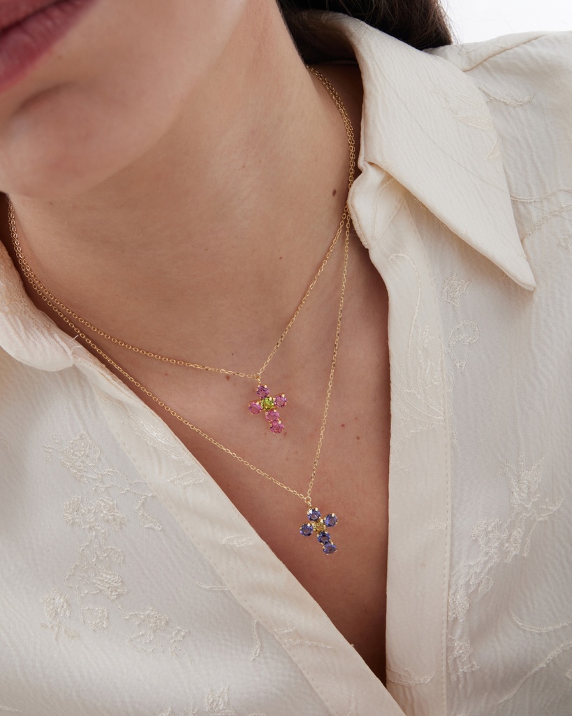 Collar corto Fleur cruz con cristal en Plata baño Oro