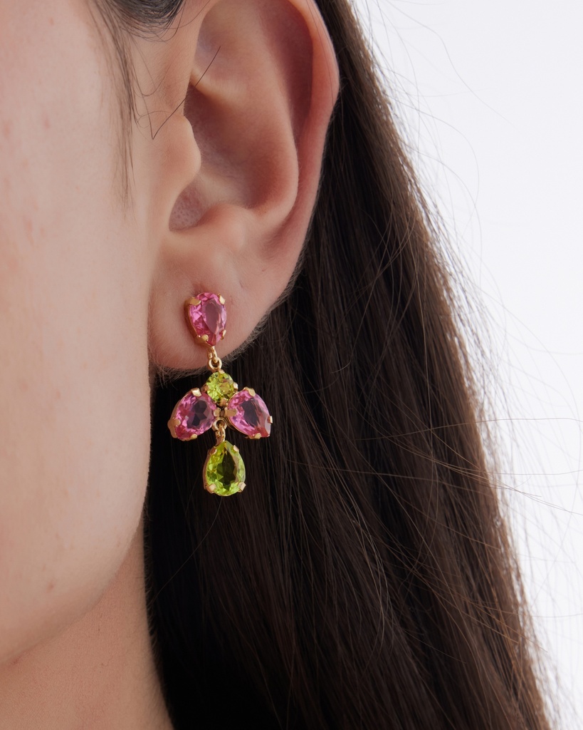 Pendientes largos Fleur lágrima con cristal en Plata baño Oro