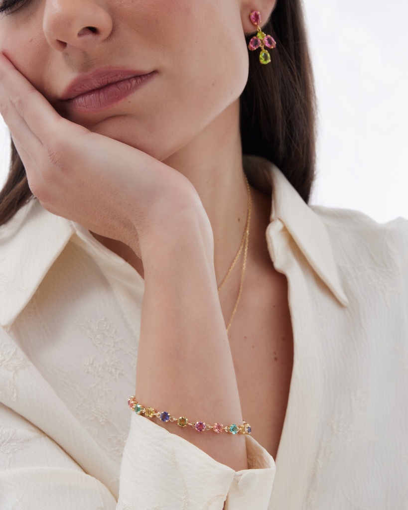 Pendientes largos Fleur lágrima con cristal en Plata baño Oro