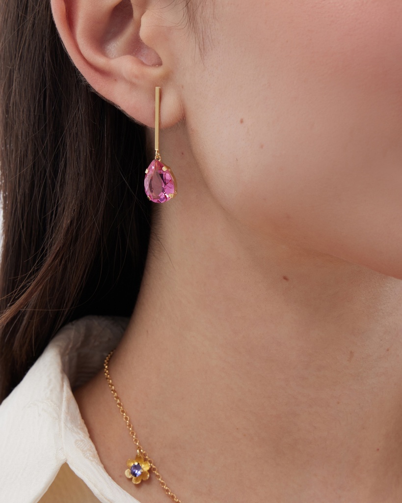 Pendientes largos Fleur lágrima con cristal en Plata baño Oro