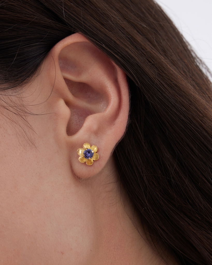 Pendientes botón Fleur flor con cristal en Plata baño Oro