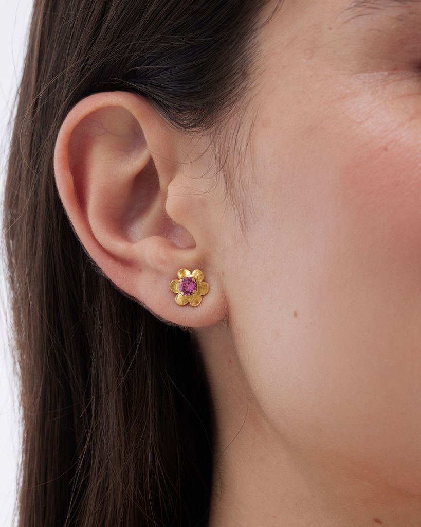 Pendientes botón Fleur flor con cristal en Plata baño Oro