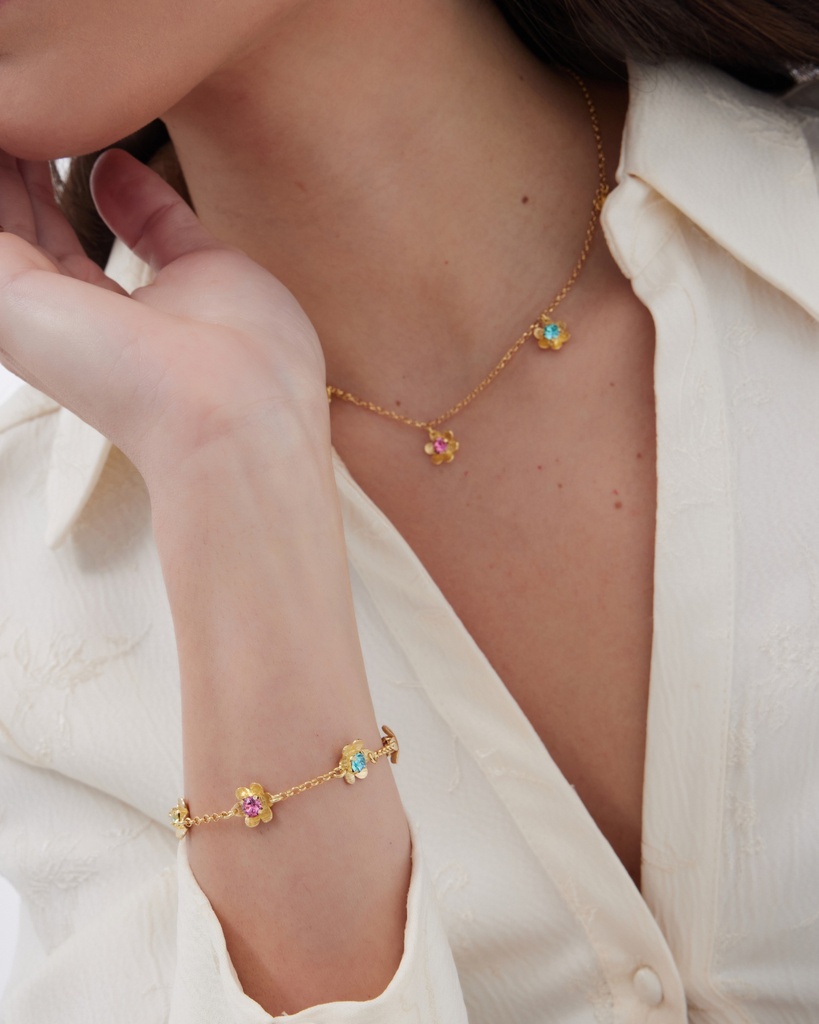 Collar corto Fleur flor con cristal multicolor en Plata baño Oro