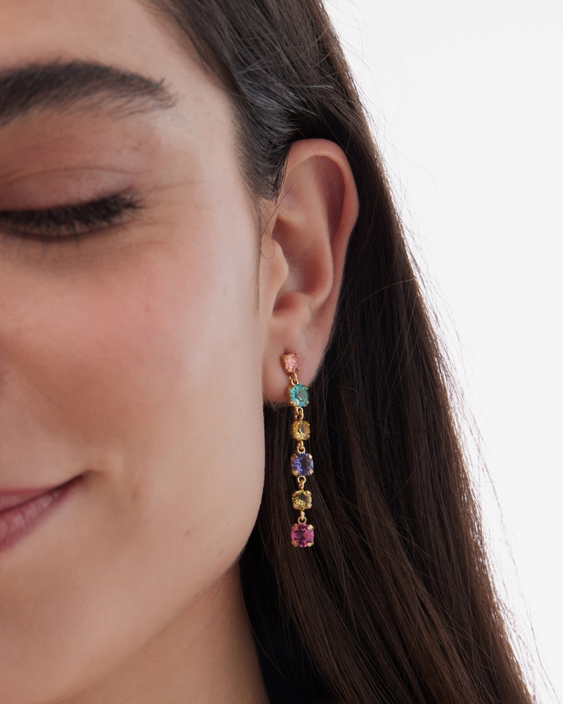 Pendientes largos Fleur con cristal multicolor en Plata baño Oro