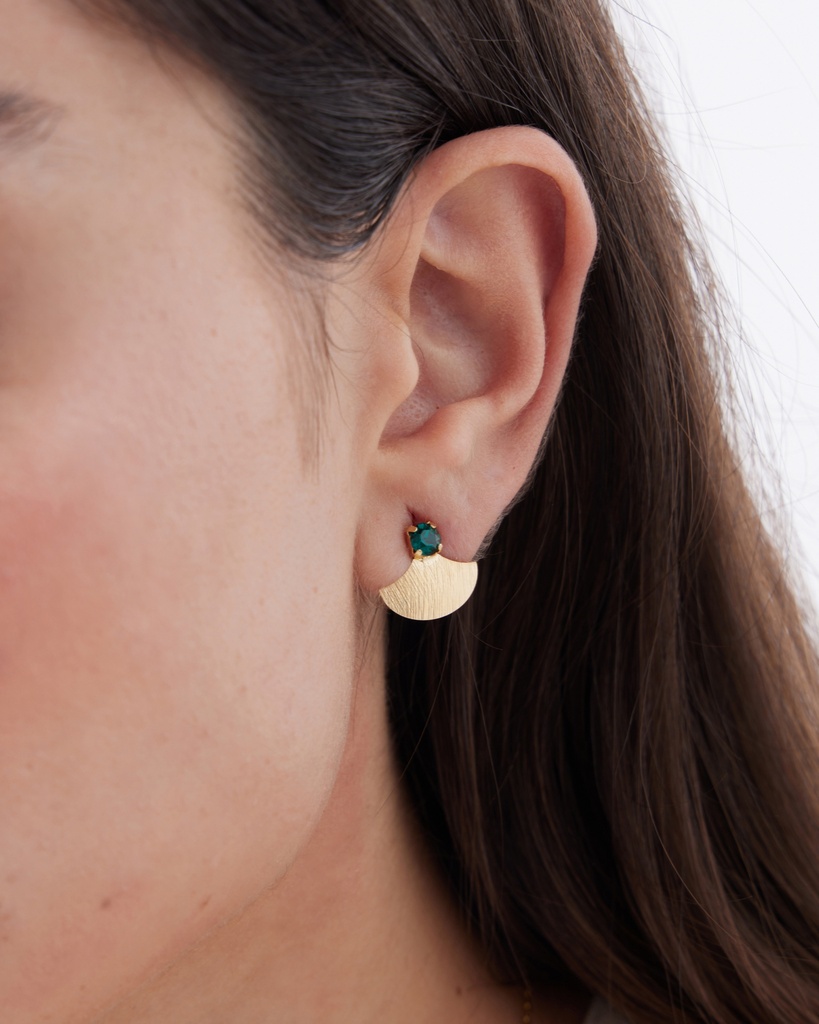 Pendientes botón Azuree abanico textura con cristal verde en Plata baño Oro