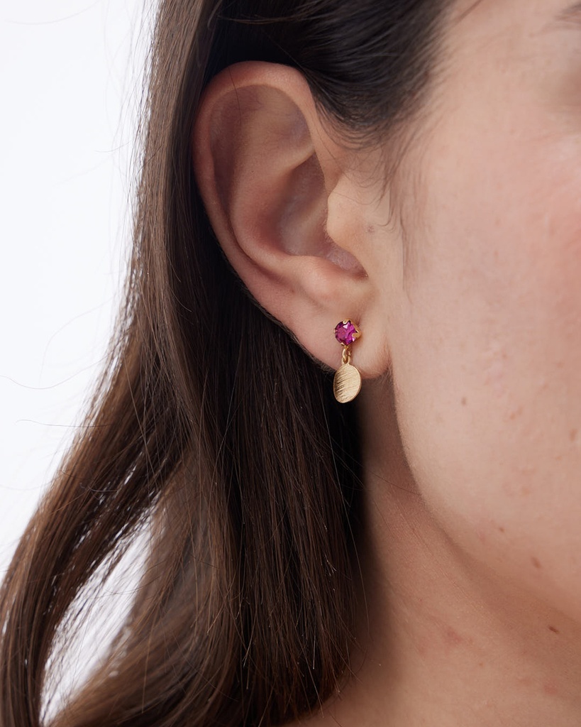 Pendientes cortos Azuree círculo textura con cristal rosa en Plata baño Oro