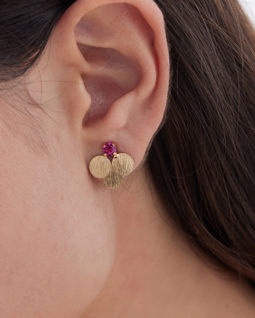 Pendientes botón Azuree círculo textura con cristal rosa en Plata baño Oro