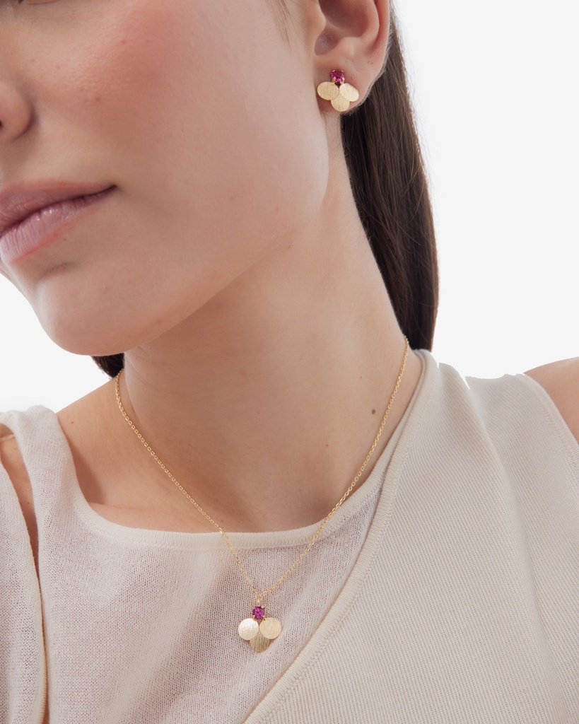 Collar corto Azuree círculo textura con cristal rosa en Plata baño Oro