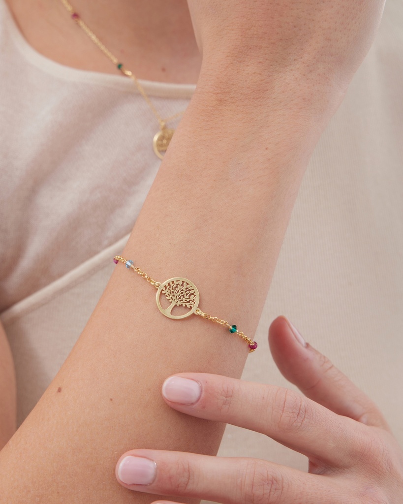 Pulsera Azuree árbol vida con cristal multicolor en Plata baño Oro