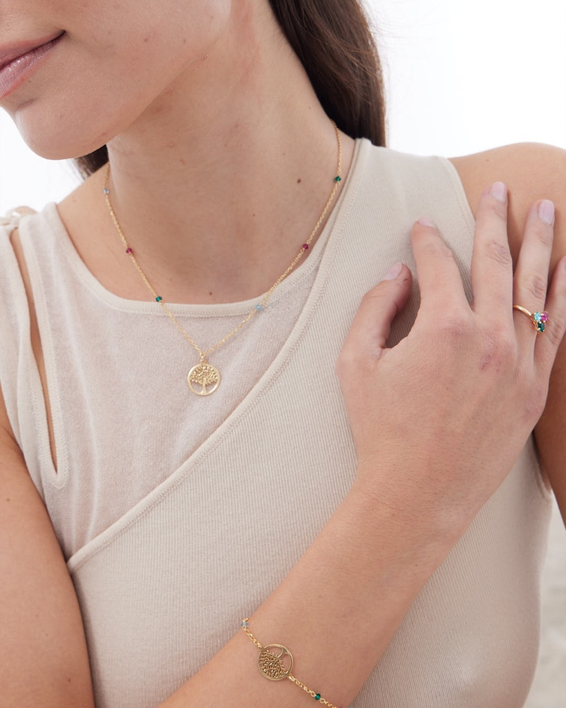 Pulsera Azuree árbol vida con cristal multicolor en Plata baño Oro