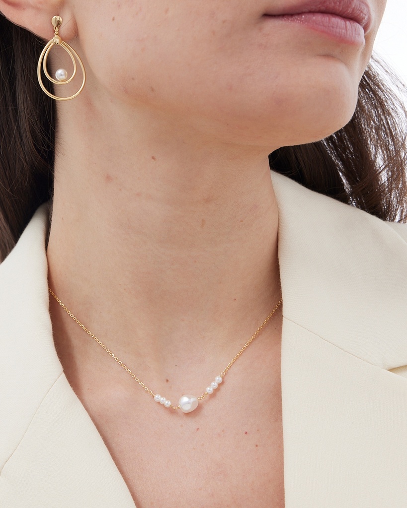 Pendientes largos Solene gota con perla en Plata baño Oro