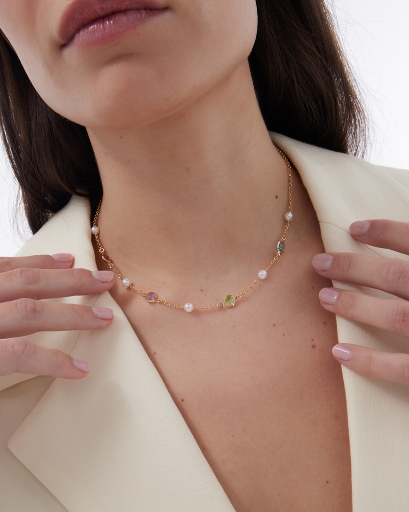 Collar corto Solene con perla y cristal multicolor en Plata baño Oro
