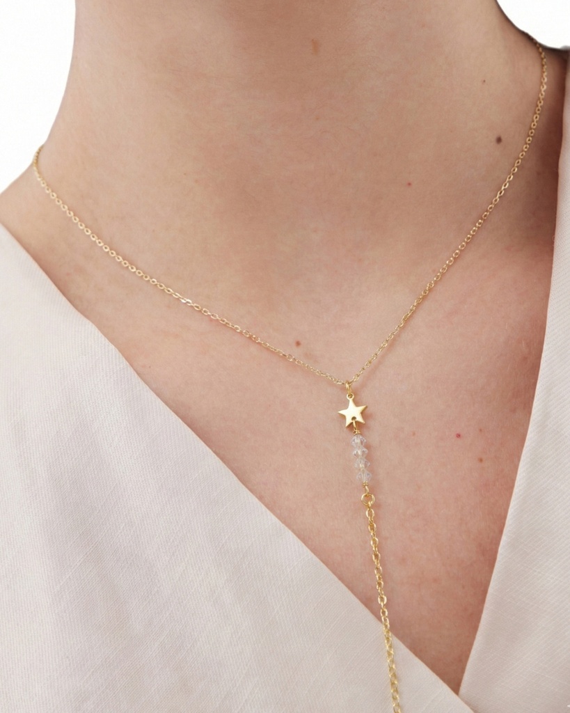 Collar largo Muse estrella y cadenas con cristal blanco en Plata