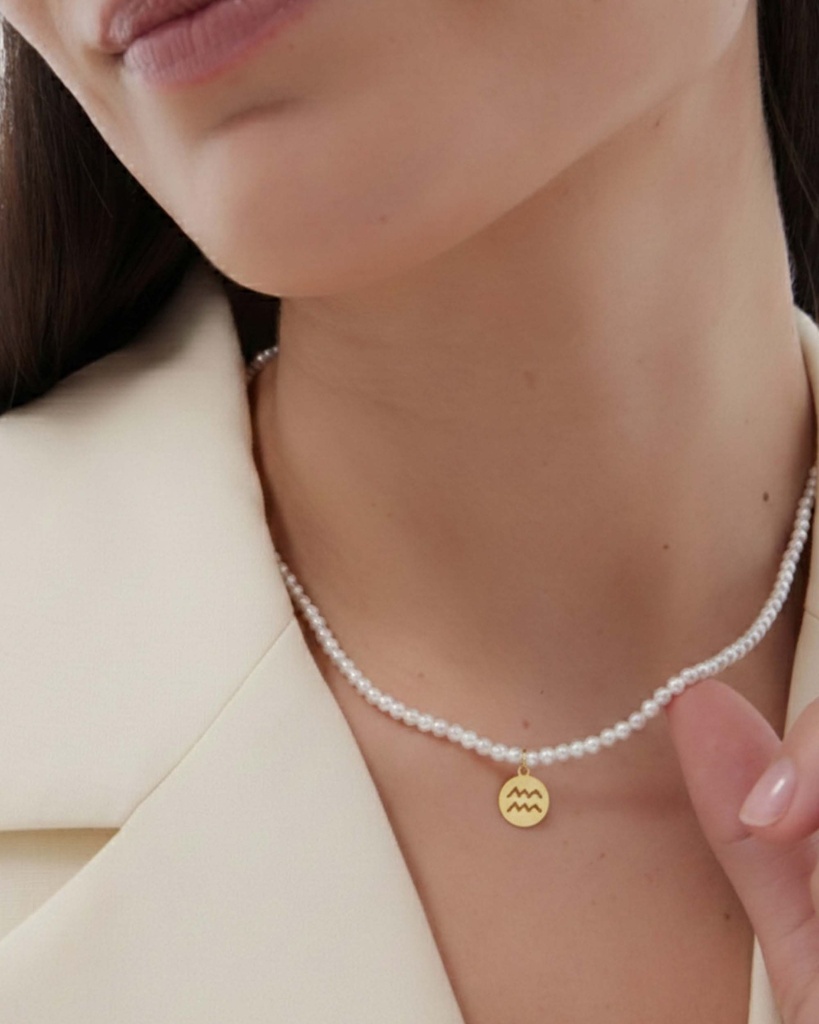 Collar corto Solene horóscopo con perla en Plata baño Oro