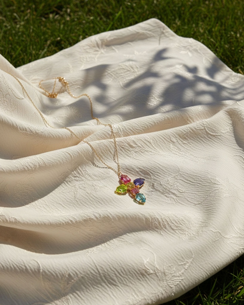 Collar largo cruz Fleur con cristal multicolor en Plata baño Oro