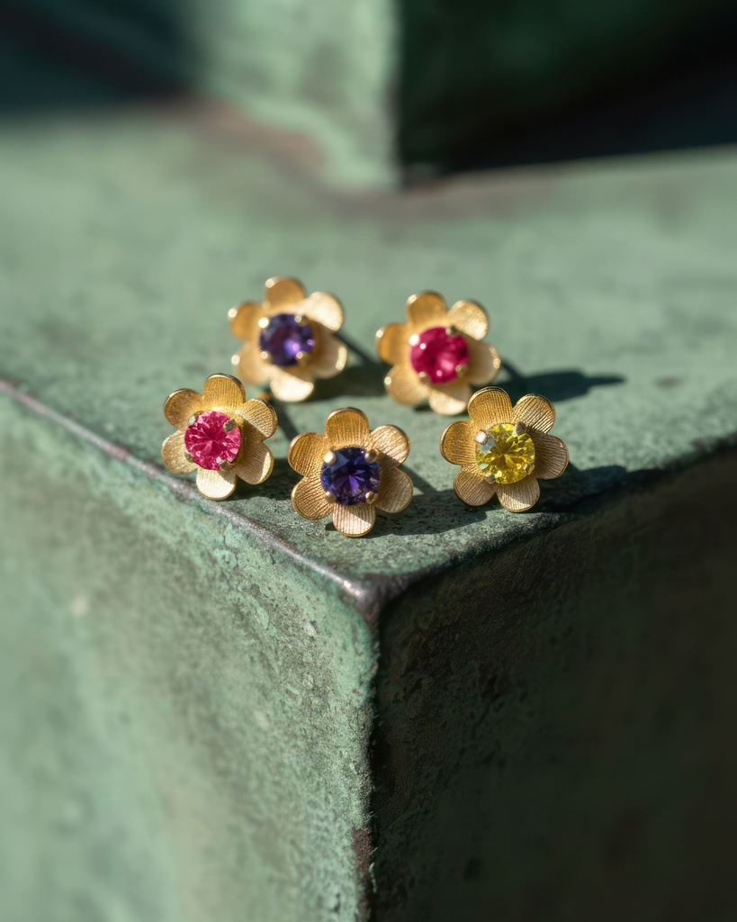 Pendientes botón Fleur flor con cristal en Plata baño Oro