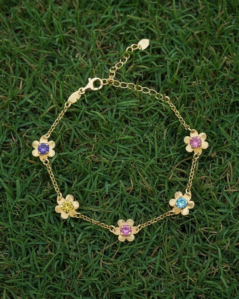 Pulsera Fleur flor con cristal multicolor en Plata baño Oro