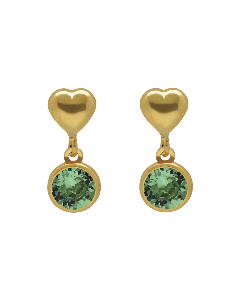 [A5606-14DT] Pendientes cortos Muá corazón con cristal en plata baño oro (Peridot)