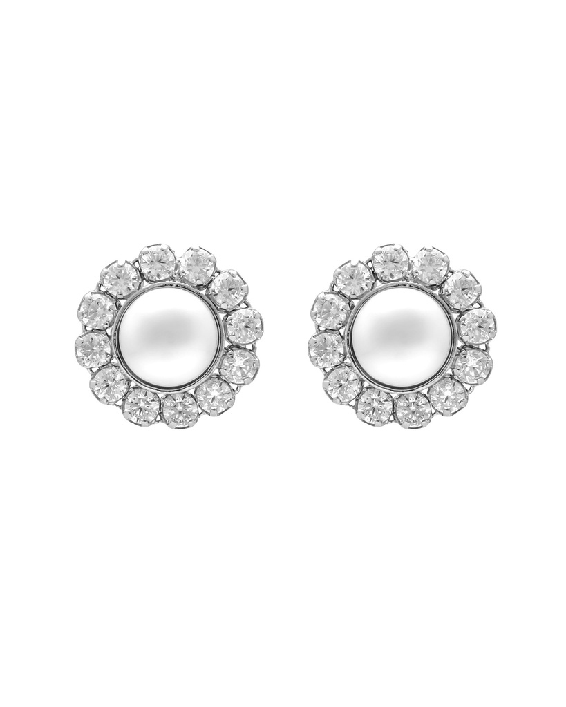 Pendientes botón Muá rosetón con perla y cristales riviere blanco en plata baño rodio