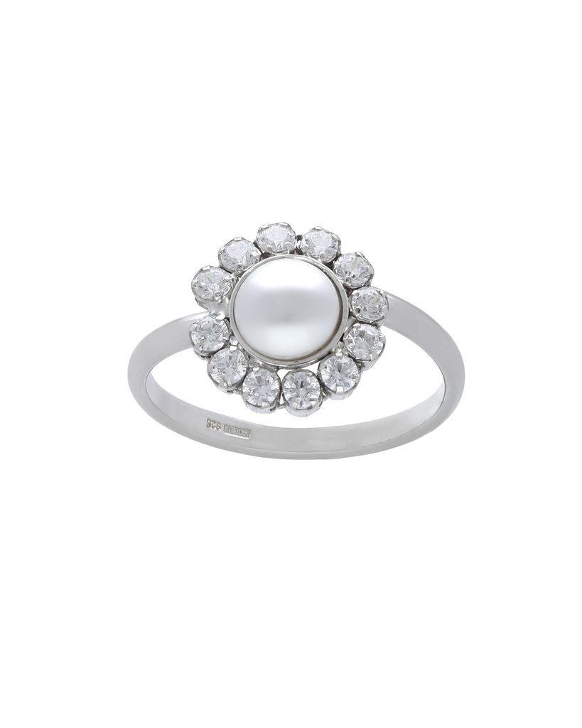 Anillo ajustable Muá rosetón con perla y cristales riviere blanco en plata baño rodio
