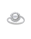 Anillo ajustable Muá rosetón con perla y cristales riviere blanco en plata baño rodio