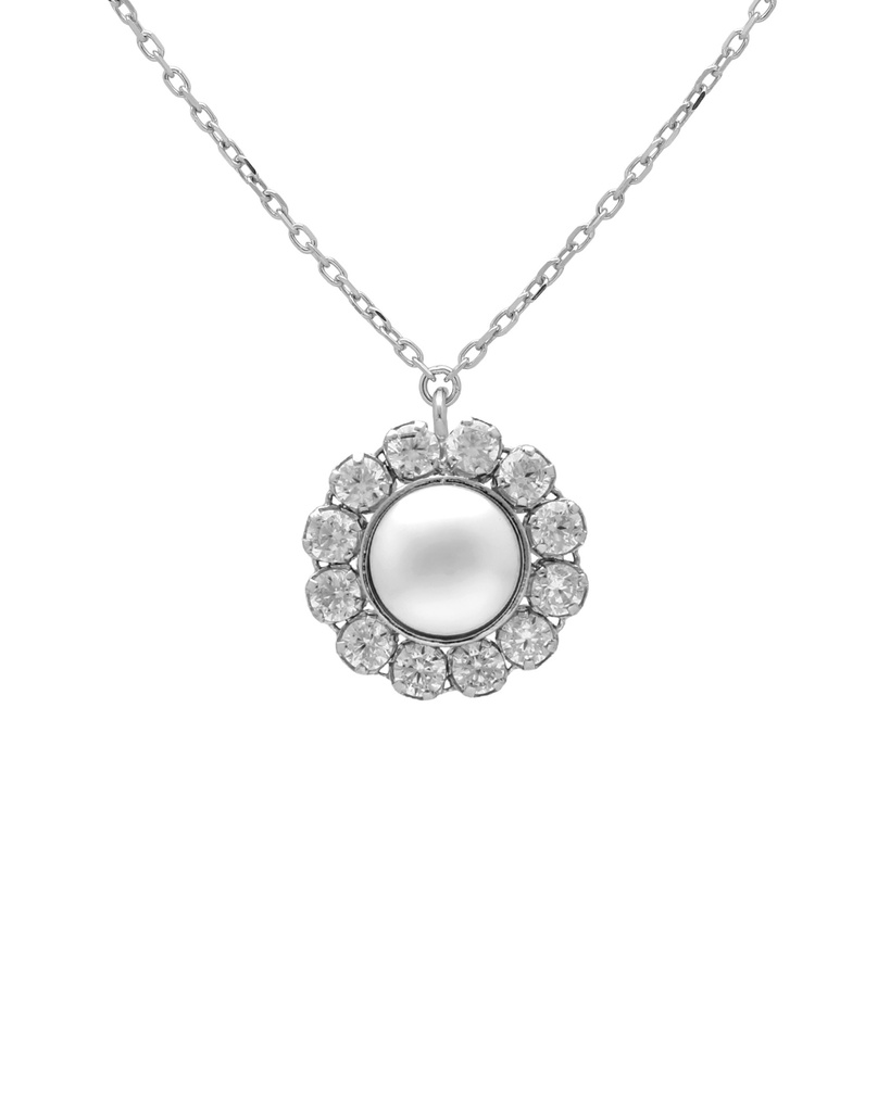 Collar corto Muá rosetón con perla y cristales riviere blanco en plata baño rodio