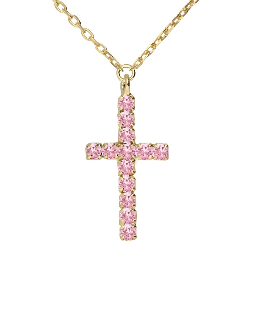 Collar corto Eau cruz con cristales riviere rosa en Plata baño Oro
