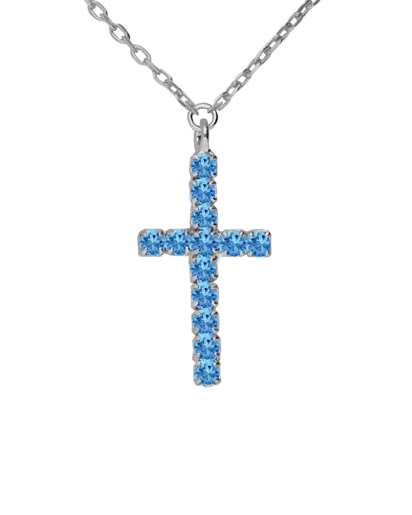 Collar corto Eau cruz con cristales riviere azul en Plata baño Rodio
