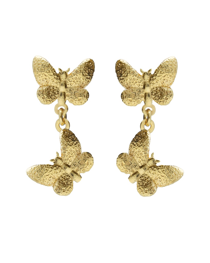 Pendientes largos Fleur mariposa doble en Plata baño Oro