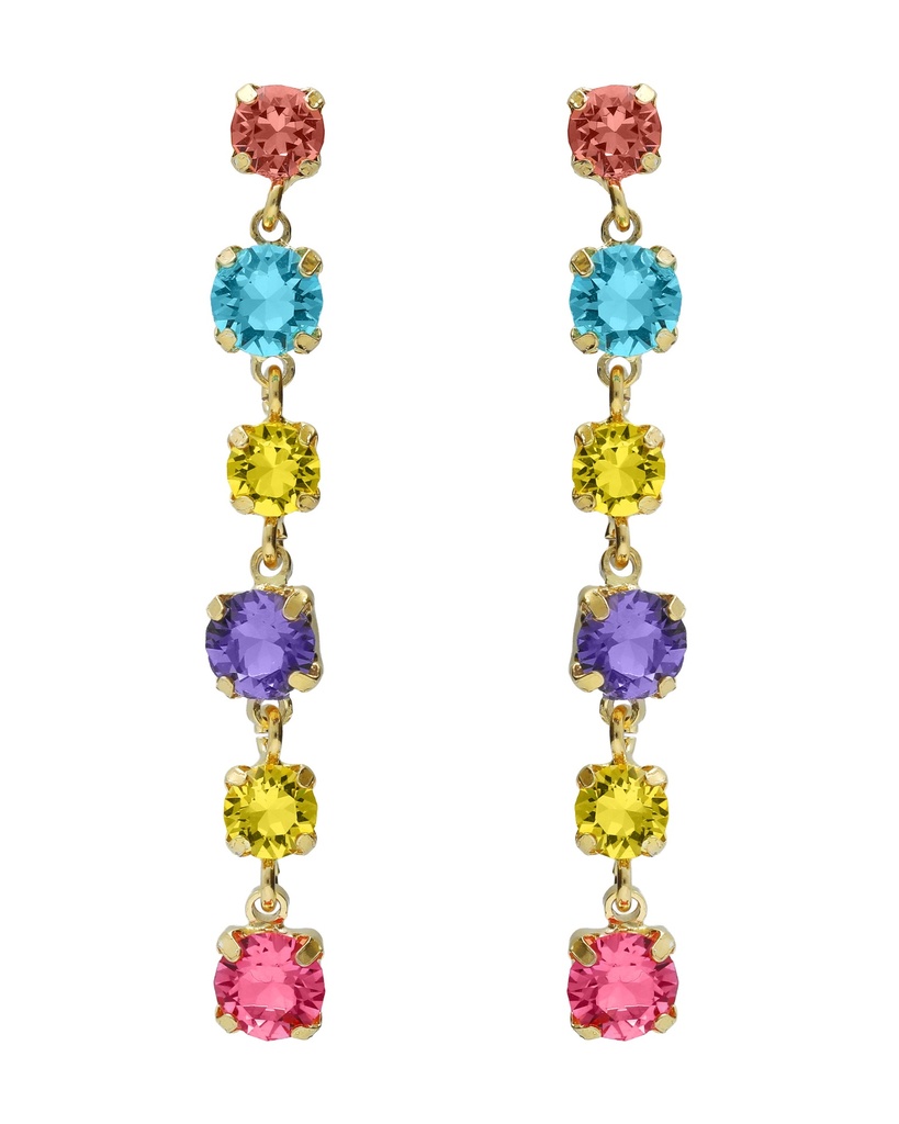 Pendientes largos Fleur con cristal multicolor en Plata baño Oro