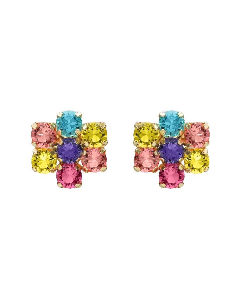 Pendientes cortos Fleur flor con cristal multicolor en Plata baño Oro